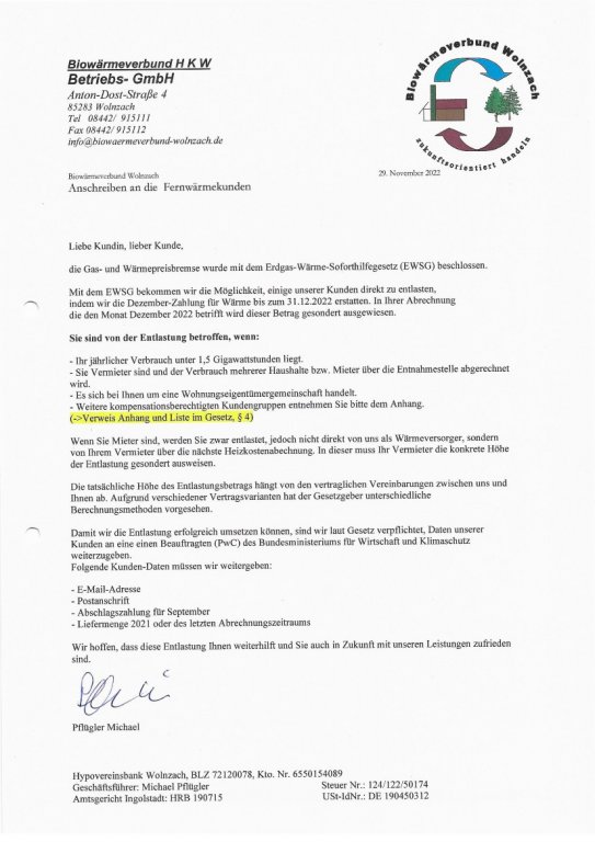 Grossansicht in neuem Fenster: Biowärmeverbund HKW Anschreiben an die Fernwärmekunden Grossansicht in neuem Fenster: Biowärmeverbund HKW Anschreiben an die Fernwärmekunden